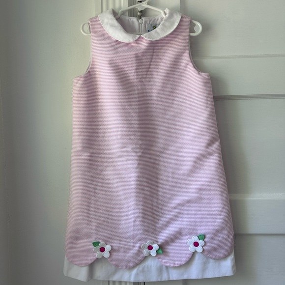 Florence Eisenman Striped Pique Dress with Petal Collar and Flower Details
